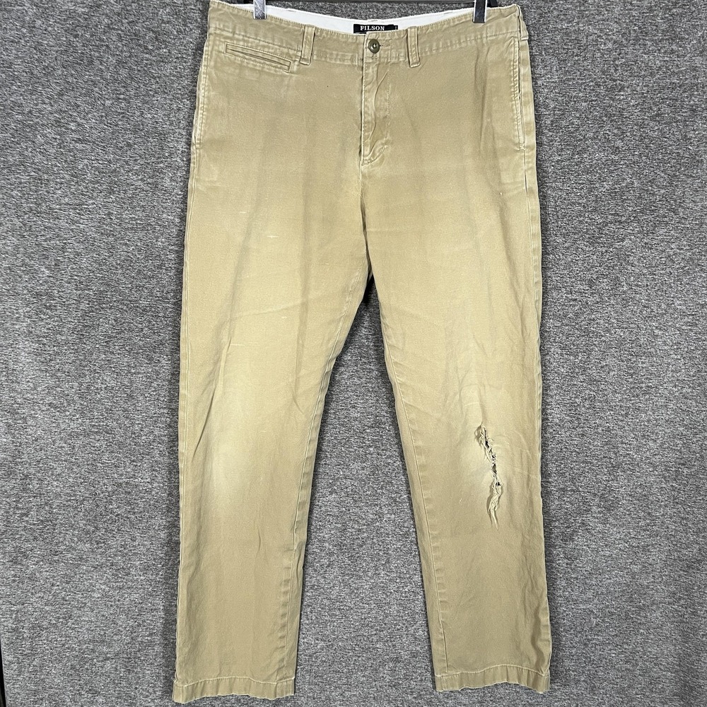 Filson Pants Mens 33x32 Beige Trim Fit‎ Chino Casual Workwear Knee Tear Damage